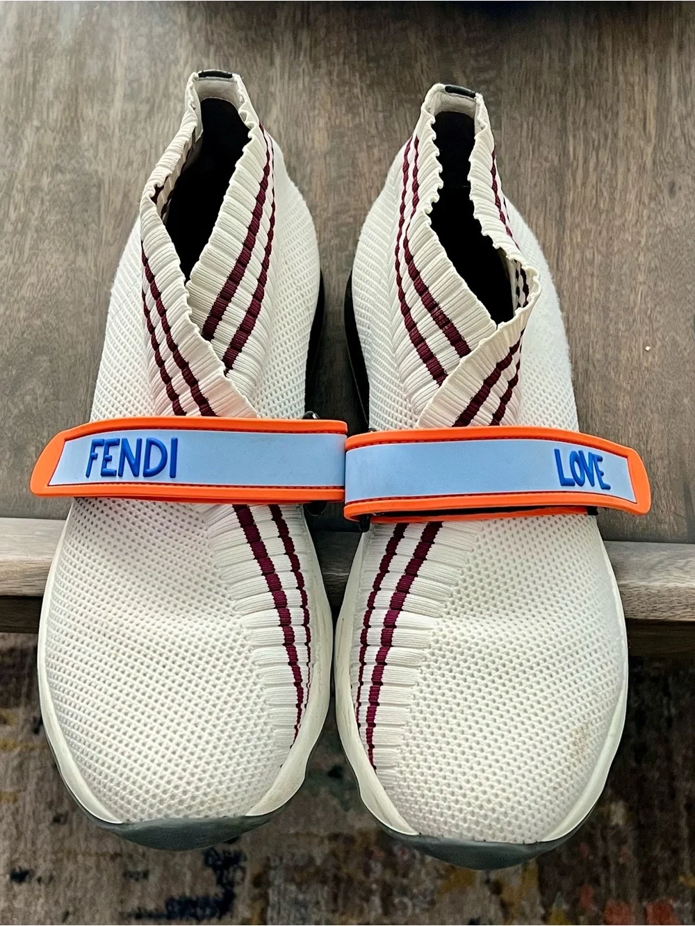 Fendi Cream Knit Slip-On Sneakers with Burgundy Stripe & Blue-Trim Orange Strap